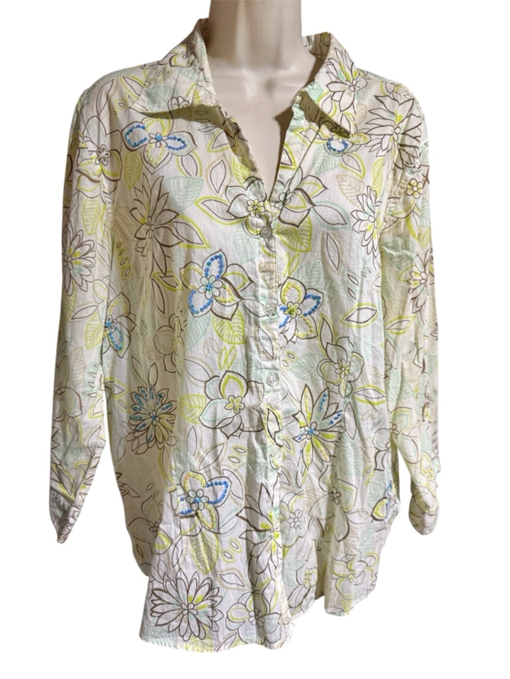 Erika Floral Button-Up embellished shirt sequins & beads|Blue Mint, Lime size XL